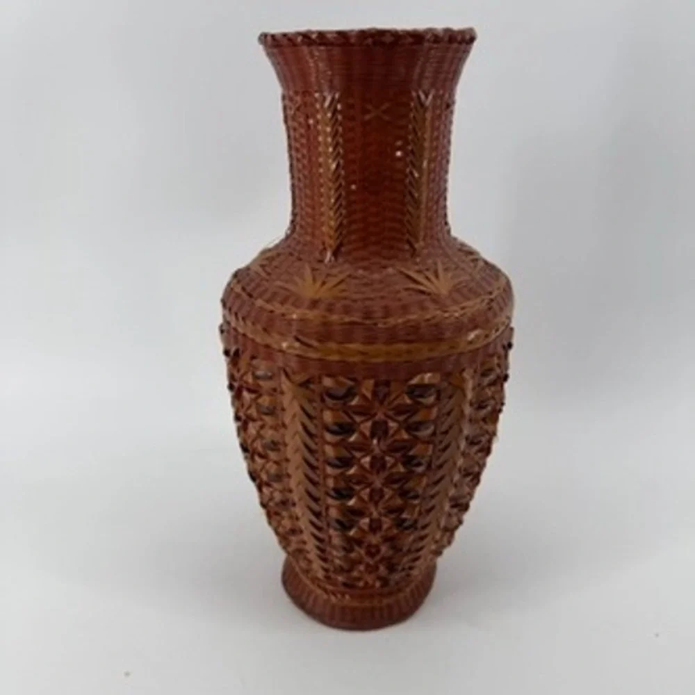 Vintage Hand Woven Bamboo and Porcelain Shanghai Vase Red Brown 12.5 Inch